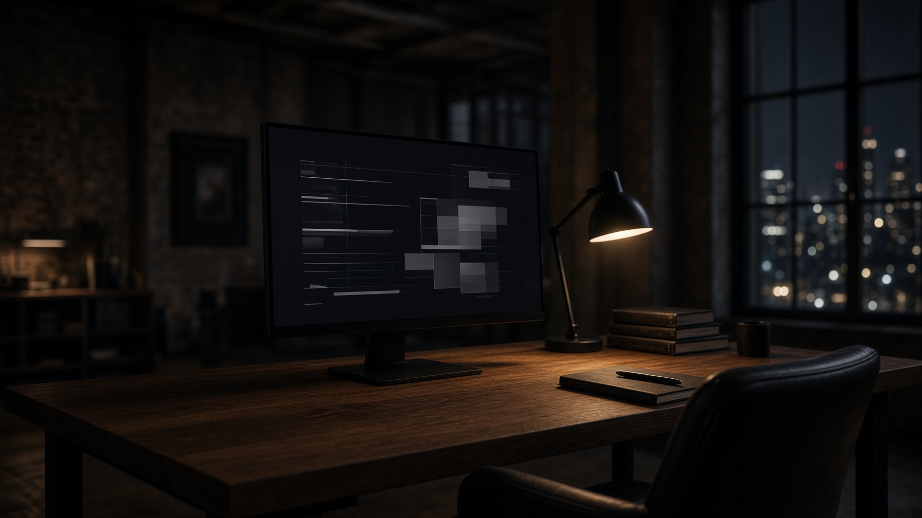 A quiet loft office with a dark monitor showing a pale silver dashboard