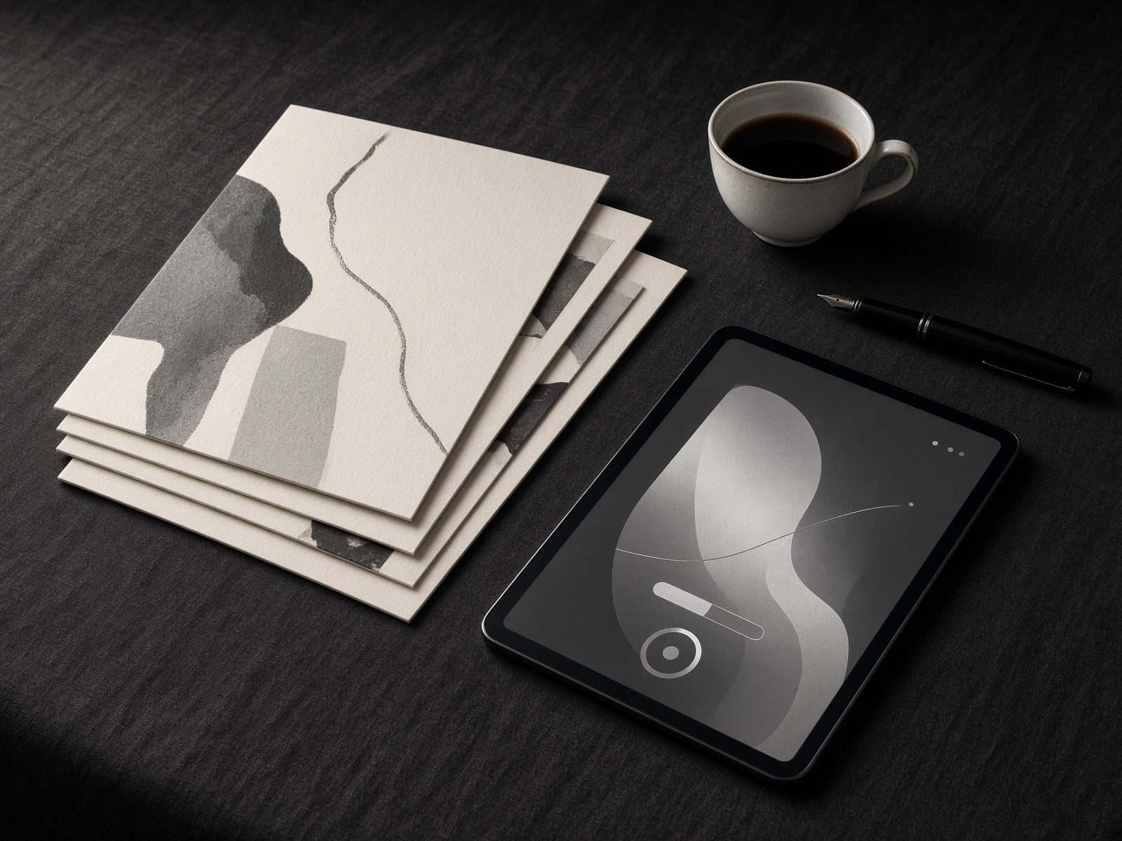 Editorial still life of print boards, a tablet, and a pen